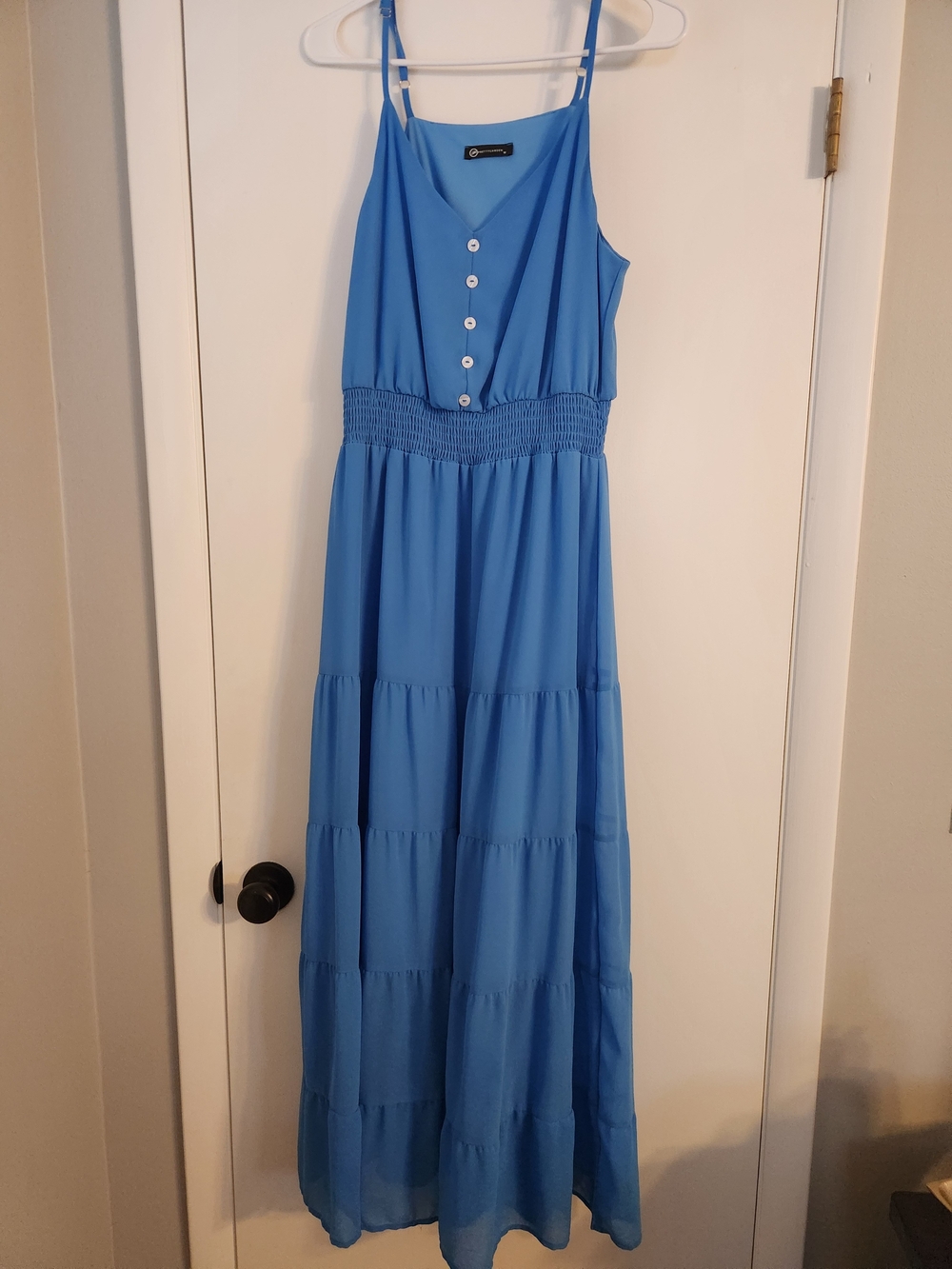 Sky-Blue Smocked Waist Maxi Dress with Button Front